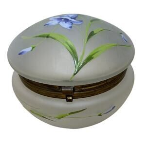 Vintage Hand Painted Clear Frost Hinge Lid Vanity Jar Floral Good Used Condition